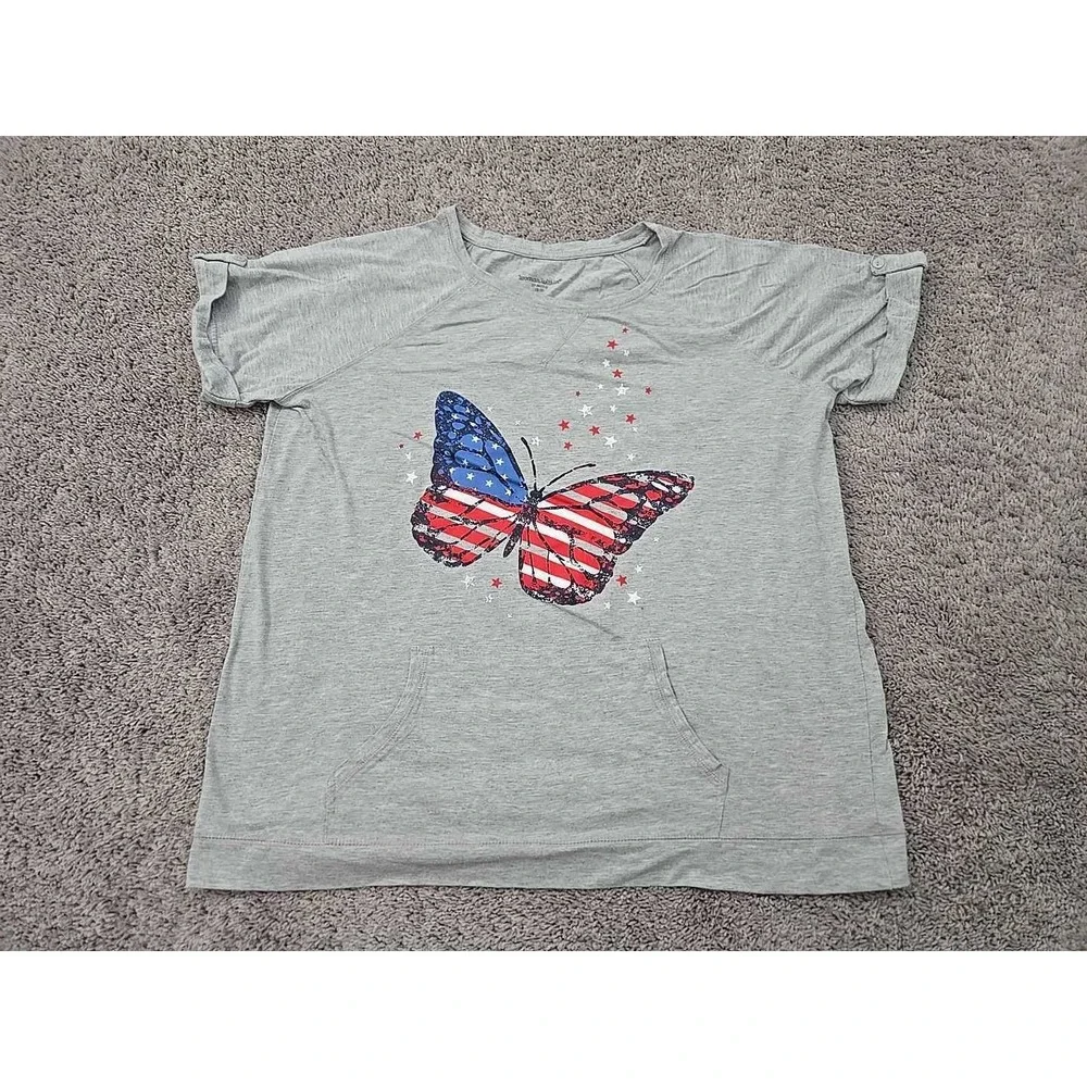 Woman Within Blouse Womens L Gray Cuffed Butterfly Kangaroo‎ Pocket Patriotic